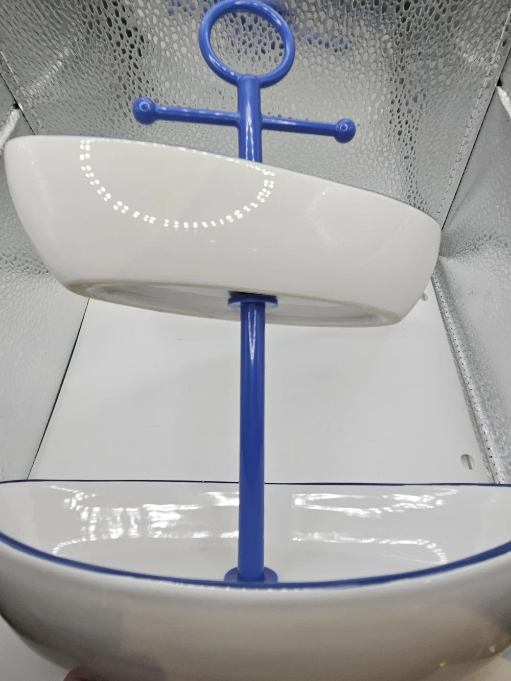 Two-Tier Boat Ceramic Tray with Blue Trim